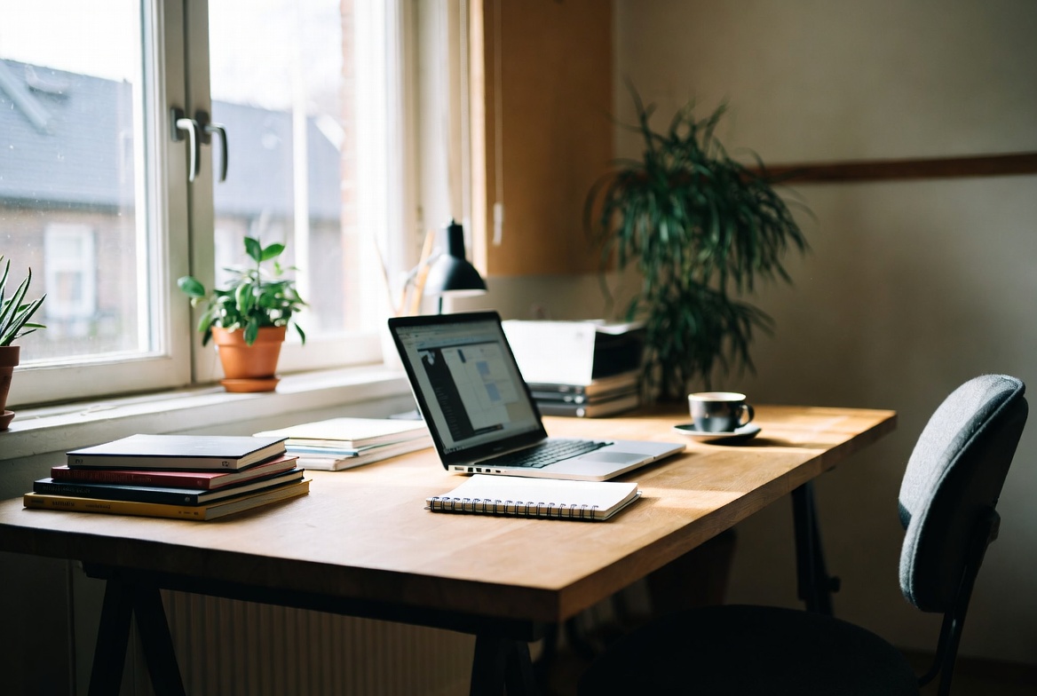 Hjemmekontor med trebord og naturlig lys